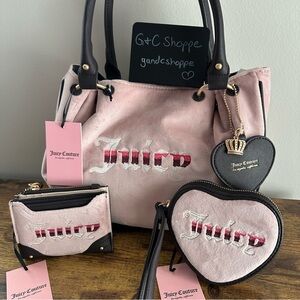 New Juicy Couture Retro Vibe Satchel Tote Dusty Blush Chocolate Bag Velour Viral